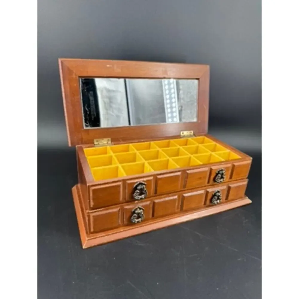 Vintage Price Imports Wood Jewelry Box Mirror Yellow Velvet Apothecary 1970s